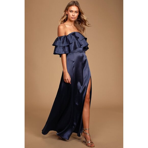 Lulus Pure Happiness Navy Blue Dress Size Small Satin Off-the-Shoulder Long New - Picture 12 of 12